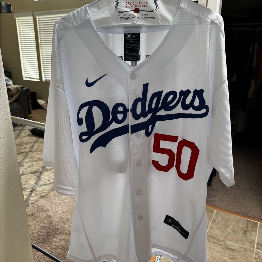 Nike White and Blue Mookie Betts Dodgers Game Jersey